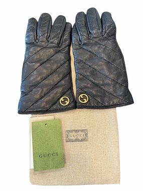 Gucci Black Leather Quilted Gloves